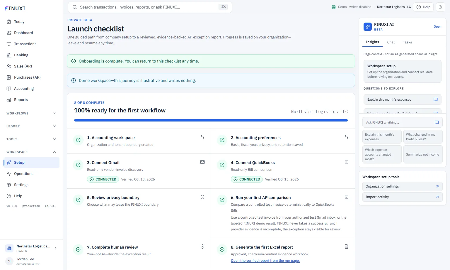 FINUXI setup checklist showing completed accounting workspace, organization, preferences, and demo readiness